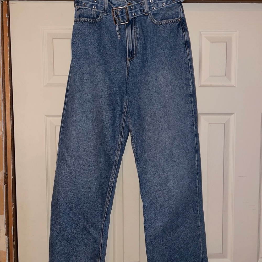 Garage Wide Leg Blue Jeans with Removable Belt